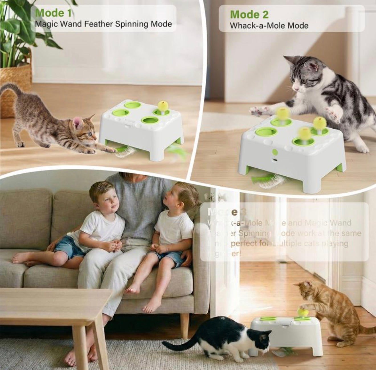 HAPPYCODE Magic House Interactive Cat Toy a 4-Hole Whack-A-Mole Electric Cat Toy Suitable for All Cats Features Three Modes: Feather Wand, Whack-A-Mole, and Rechargeable Pop-Up Hide-And-Seek Pet Supplies