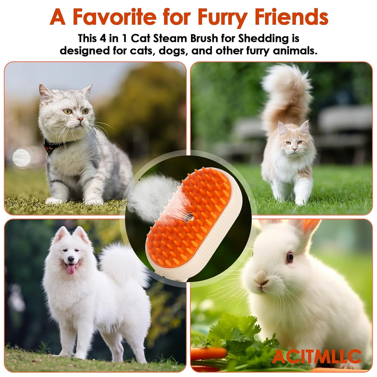 Cat Steam Brush for Shedding & Deshedding - 4-In-1 USB Rechargeable Pet Hair Removal Comb with Water Tank, for Indoor Long/Short Haired Cats & Dogs, Grooming Massage & Cleaning (Khaki)