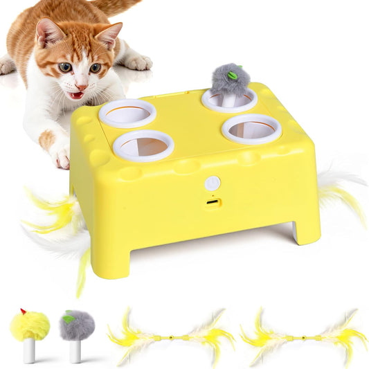 Interactive Cat Feather Toy Cheese Box 3In1 Whack a Mole