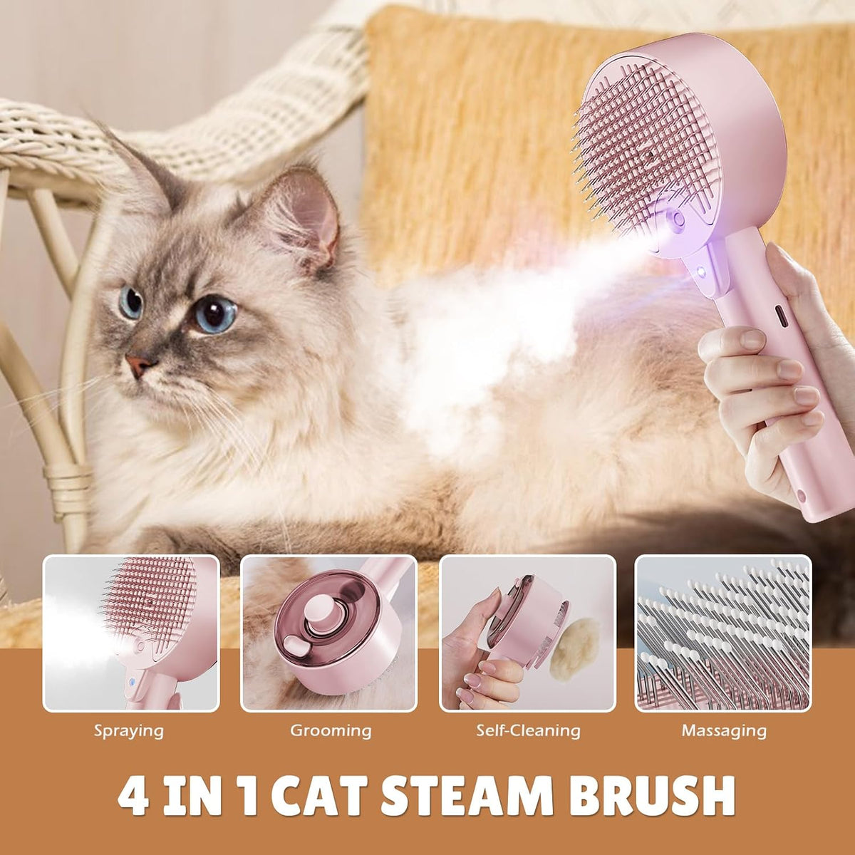 Cat Steam Brush for Indoor Cats, Spray Cat Deshedding Brush for Grooming