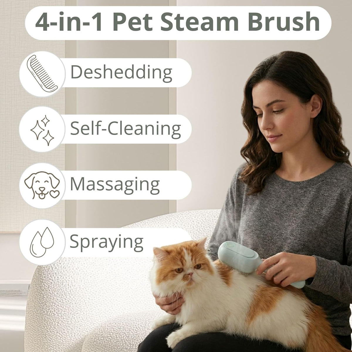 Cat Steam Brush - Cat Hair Brush for Shedding - Deshedding Brushes for Dogs - Cat and Dog Grooming Supplies - Slicker Brush for Dogs Short Hair - Cats Deshedding Comb SELFCLEANING, 4 in 1, SOFT STEAM