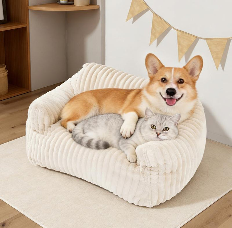 LIKIMIO Pet Couch Bed 24 & 30 Inch - Corduroy Fluffy Sofa for Cats & Small/Medium Dogs, Removable Washable Cover, Supportive Indoor Pet Furniture