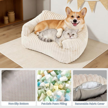 LIKIMIO Pet Couch Bed 24 & 30 Inch - Corduroy Fluffy Sofa for Cats & Small/Medium Dogs, Removable Washable Cover, Supportive Indoor Pet Furniture