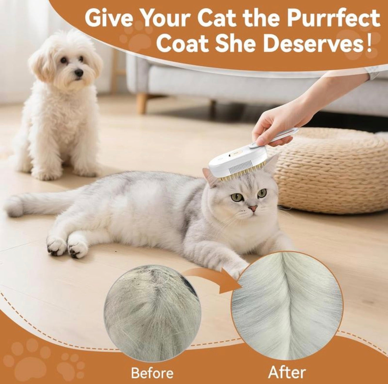 4 in 1 Pet Steam Brush for Shedding,Rechargeable Cat Brushes for Indoor Cats,Quiet Detangling Brush for Long Haired Cats and Dogs(White)