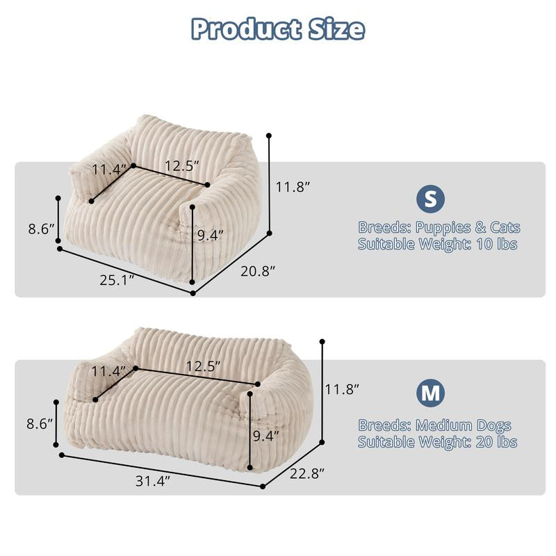 LIKIMIO Pet Couch Bed 24 & 30 Inch - Corduroy Fluffy Sofa for Cats & Small/Medium Dogs, Removable Washable Cover, Supportive Indoor Pet Furniture