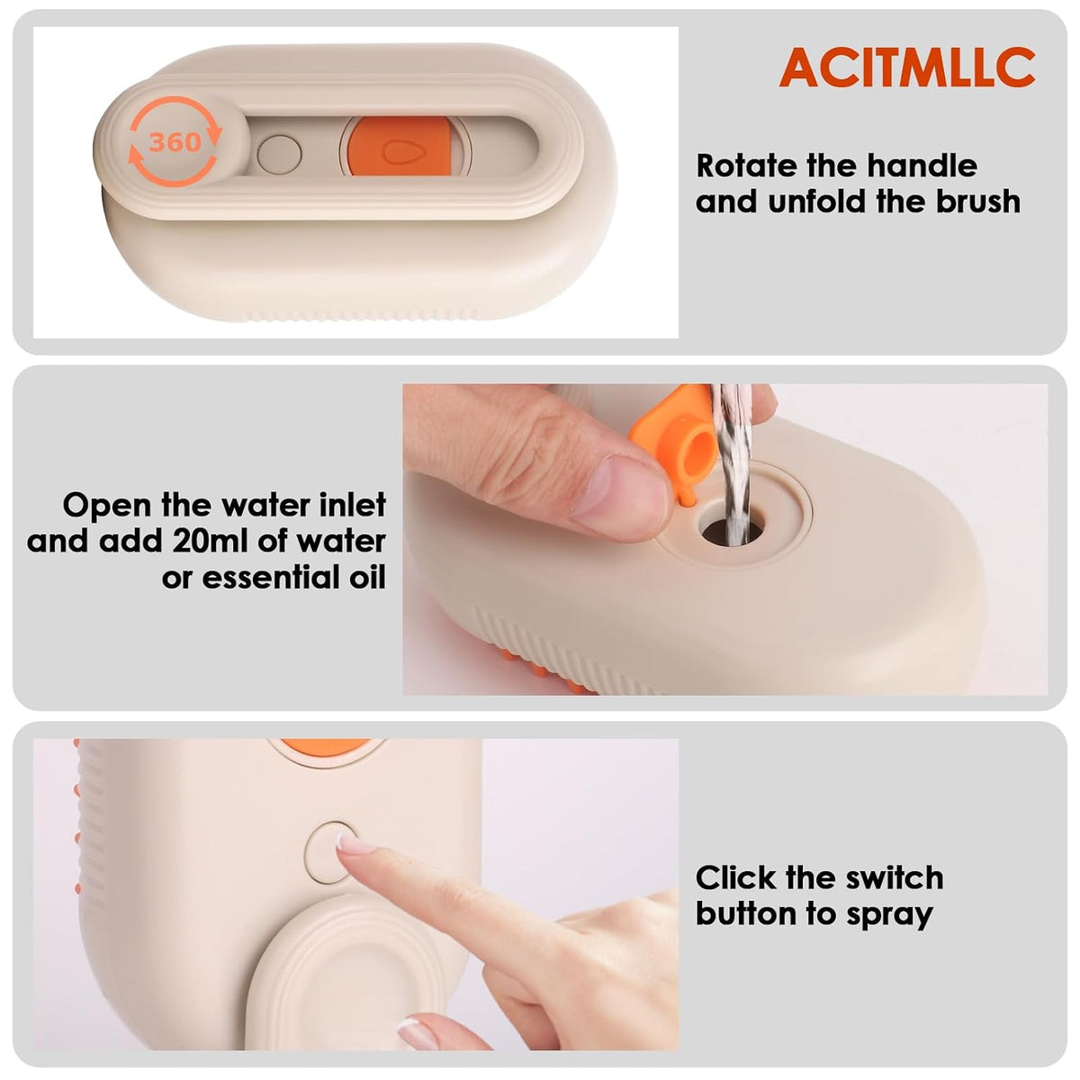 Cat Steam Brush for Shedding & Deshedding - 4-In-1 USB Rechargeable Pet Hair Removal Comb with Water Tank, for Indoor Long/Short Haired Cats & Dogs, Grooming Massage & Cleaning (Khaki)
