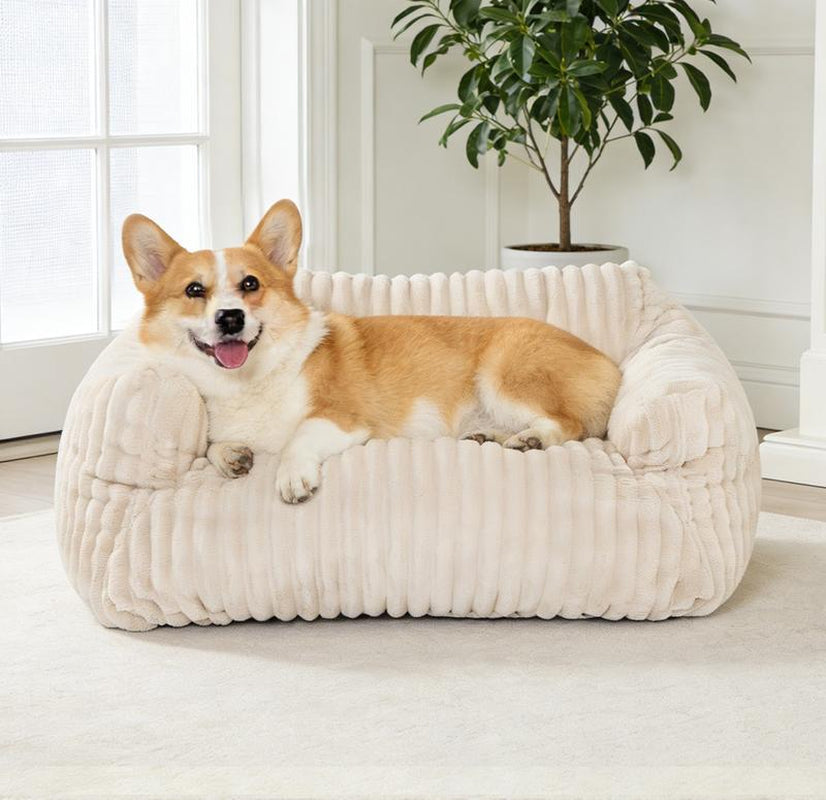 LIKIMIO Pet Couch Bed 24 & 30 Inch - Corduroy Fluffy Sofa for Cats & Small/Medium Dogs, Removable Washable Cover, Supportive Indoor Pet Furniture